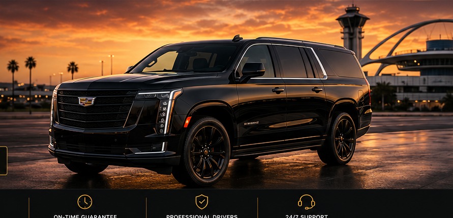 Black Cadillac Escalade airport limousine at sunset